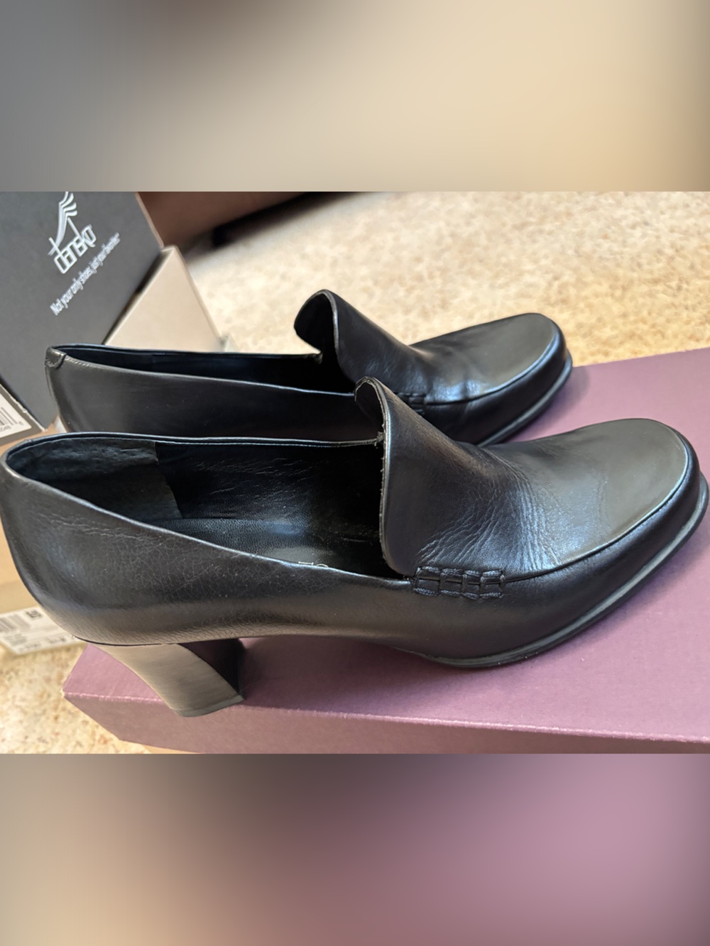 Franco Sarto Black Leather Mid Block Heel Loafers
